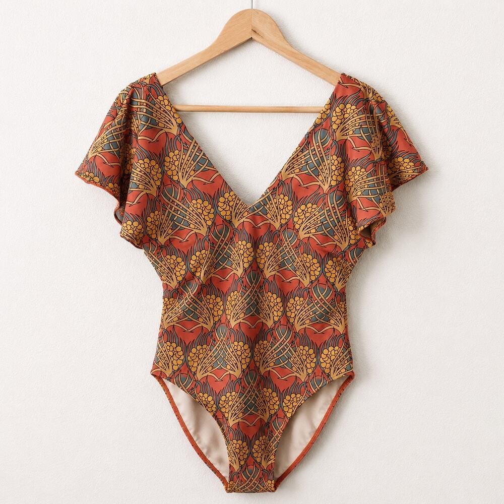 Albion Floral Print One-Piece Bikini in Rust, Mustard & Olive